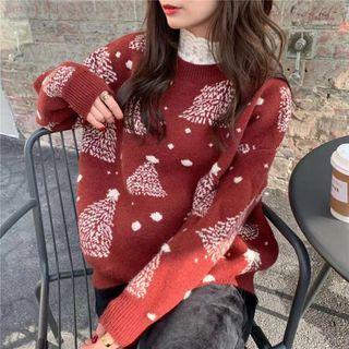 Christmas Print High-neck Color Panel Knit Sweater