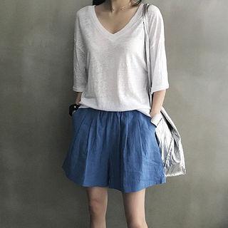 Deep V-neck Elbow-sleeve Linen T-shirt