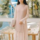 Set: Long-sleeve Midi Dress + Knit Vest