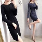 Long-sleeve Split Hem Mini Sheath Dress