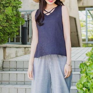 Strappy V-neck Sleeveless Linen Blend Top