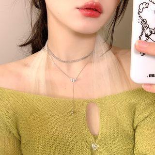 Bow Rhinestone Pendant Layered Necklace Silver - One Size