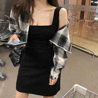 Plain Mini Bodycon Tank Dress / Plaid Crop Shirt