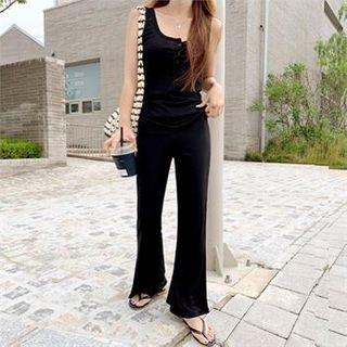 Set: Sleeveless Half-placket Top + Band-waist Boot-cut Pants Black - One Size