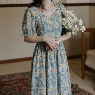 Daisy Print Chiffon V Neck Midi Dress