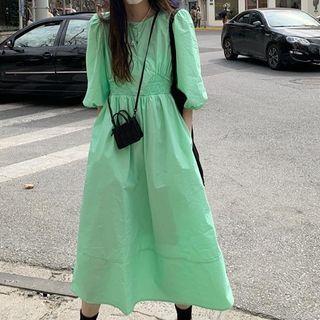 Puff-sleeve Plain Midi A-line Dress Green - One Size
