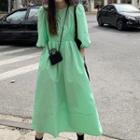 Puff-sleeve Plain Midi A-line Dress Green - One Size
