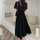Short-sleeve Tiered V-neck A-line Midi Dress