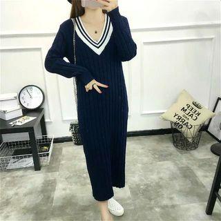 V-neck Long-sleeve Knitted Midi Dress