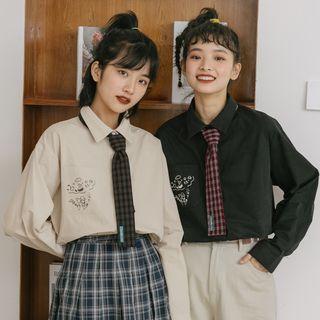 Set: Long-sleeve Printed Shirt + Tie With Tie - Almond - S