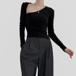 Long Sleeve Irregular Plain Crop Top