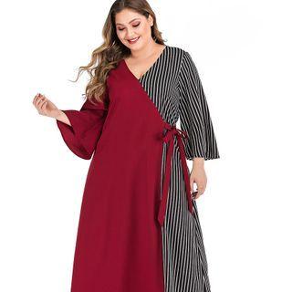 Plus Size 3/4-sleeve Striped Panel Sashed Midi Dress
