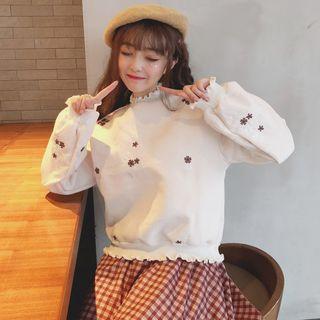Mock-neck Embroidered Sweatshirt / Plaid Mini Skirt