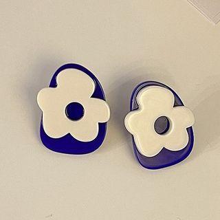 Flower Acrylic Earring 1 Pair - 925 Silver Needle - White & Blue - One Size