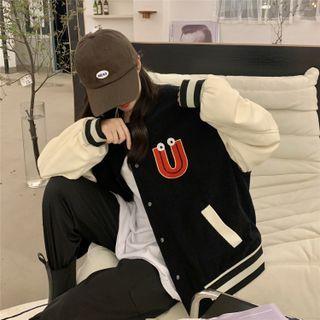 Two-tone Printed Baseball Jacket Black - One Size
