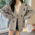 V-neck Cherry Pattern Long-sleeve Cardigan