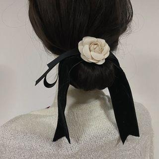 Flower Ribbon Hair Tie White & Black - One Size