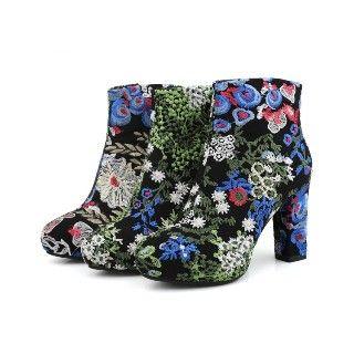 Chunky-heel Embroidery Ankle Boots