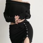 Set: Off Shoulder Knit Top + Mini Skirt