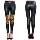 Sequined Skull Faux Leather Leggings Black - One Size