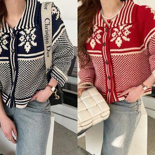 Raglan-sleeve Collared Patterned Cardigan