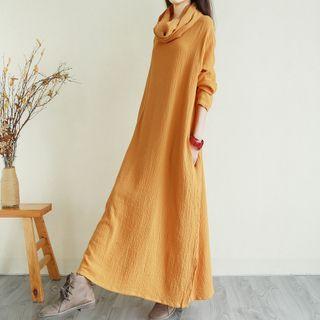 Long-sleeve Cowl-neck Maxi A-line Dress
