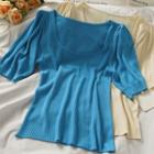 U-neck Puff-sleeve Ribbed-knit Top