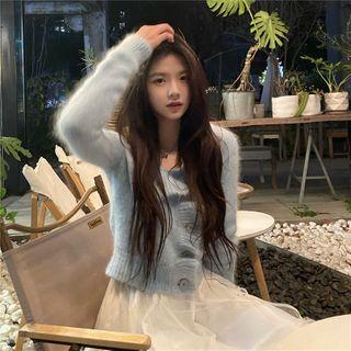 Long-sleeve Plain Cropped Knit Cardigan As Shown As Figure - One Size