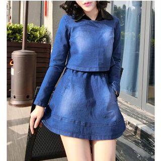 Set: Denim Long-sleeve Top + Collared A-line Dress