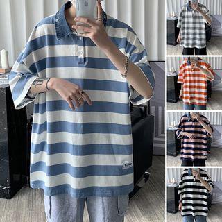Elbow-sleeve Applique Striped Polo Shirt