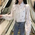 Long-sleeve Tie Neck Star Frayed Blouse