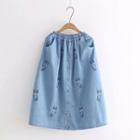 Cat Embroidered Midi A-line Denim Skirt Blue - One Size