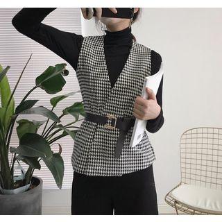Turtleneck Long-sleeve Top / V-neck Houndstooth Vest