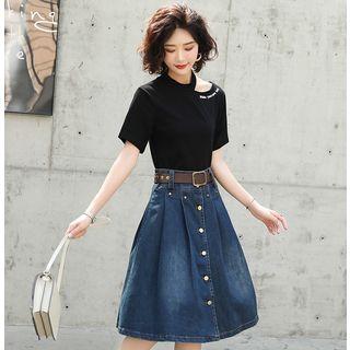 Set: Lettering Short-sleeve T-shirt + Denim Midi A-line Skirt