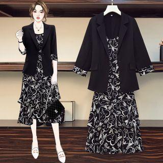 Set: Plain Blazer + Spaghetti-strap Print Midi A-line Dress