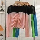 Colorblock Drawstring Sheer Crop T-shirt