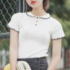 Short-sleeve Lettuce Edge Collared Knit Top