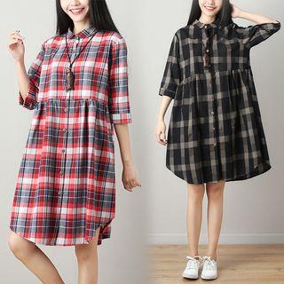 Elbow-sleeve Plaid Shirtdress