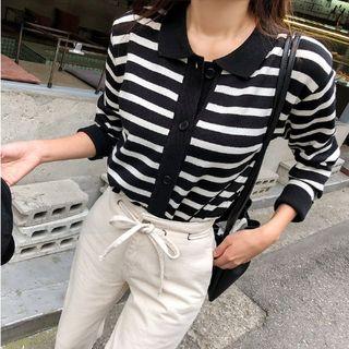 Collared Buttoned Stripe Knit Cardigan
