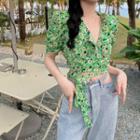 Puff-sleeve Floral Print Cropped Blouse Green - One Size