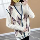 Set: Turtleneck Long-sleeve Knit Top + V-neck Diamond Pattern Knit Vest