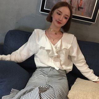 Set: Ruffle Blouse + Striped Asymmetrical Skirt