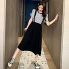 Set: Puff-sleeve Striped T-shirt + Suspender Midi A-line Skirt