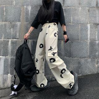 Flower Print Straight-cut Cargo Pants