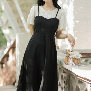 Short-sleeve Mock Two-piece Medium Long Dress