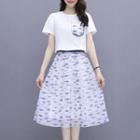 Set: Short-sleeve Fish Print T-shirt + Midi A-line Skirt