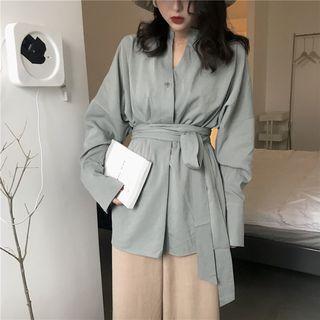 V-neck Blouse With Sash Grayish Green - One Size