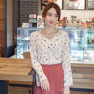 V-neck Long-sleeve Floral Top