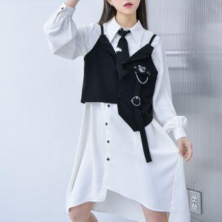 Irregular Hem Midi Shirtdress / Bear Embroidered Asymmetrical Vest