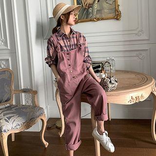 Long-sleeve Plaid Shirt / Buttoned Dungaree / Set